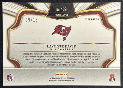 Lavonte David 2025 Panini Select Field Level Pink Glitter Prizm /15 Buccaneers Sports Trading Cards