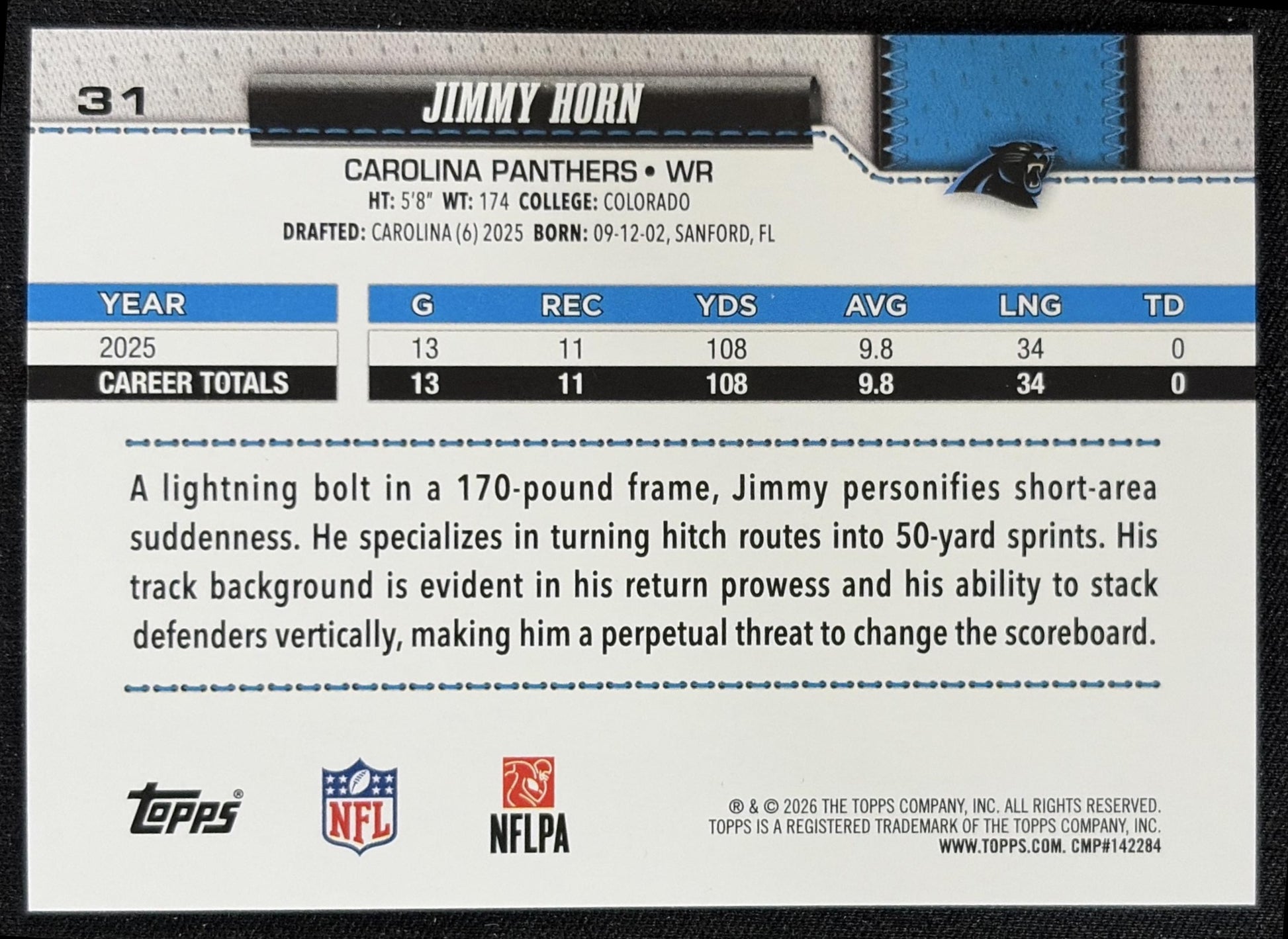Jimmy Horn Jr. 2026 Topps Rainbow Foil Panthers