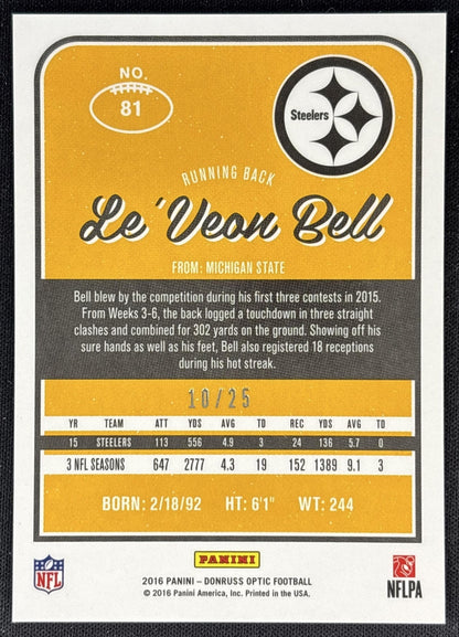 Le Veon Bell 2016 Panini Donruss Optic Black /25 Steelers back