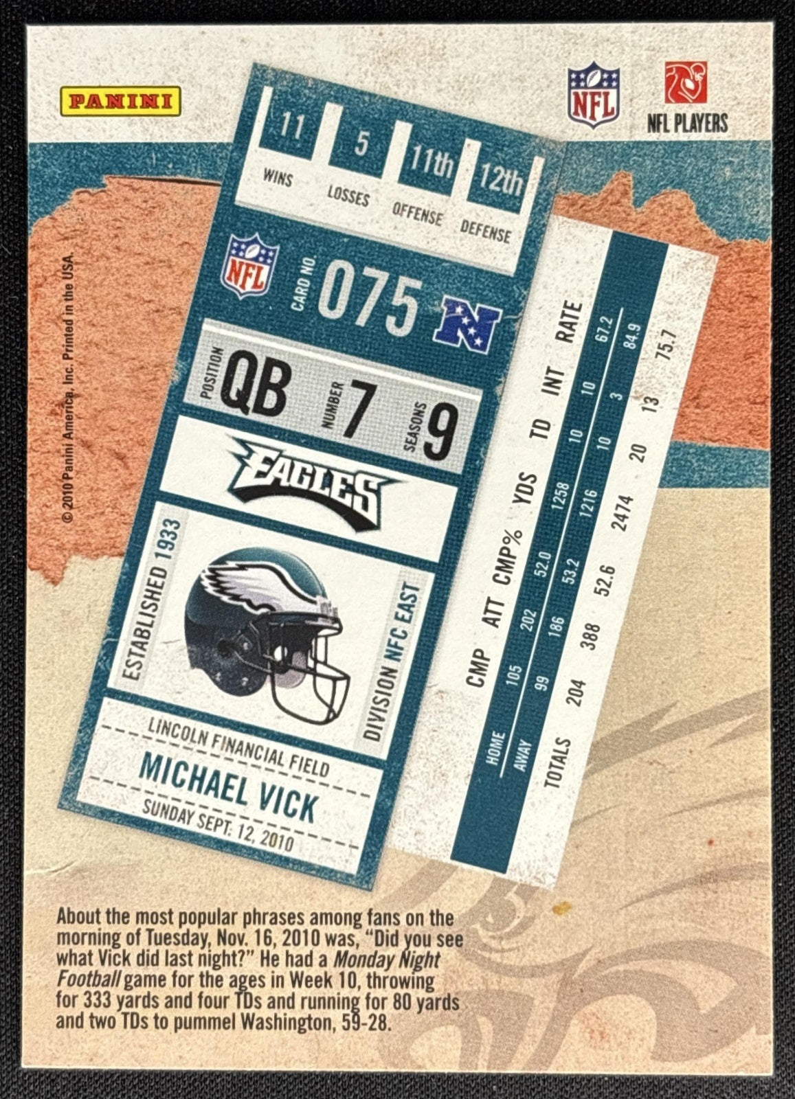 Michael Vick 2010 Panini Playoff Contenders Eagles Sports Trading Card