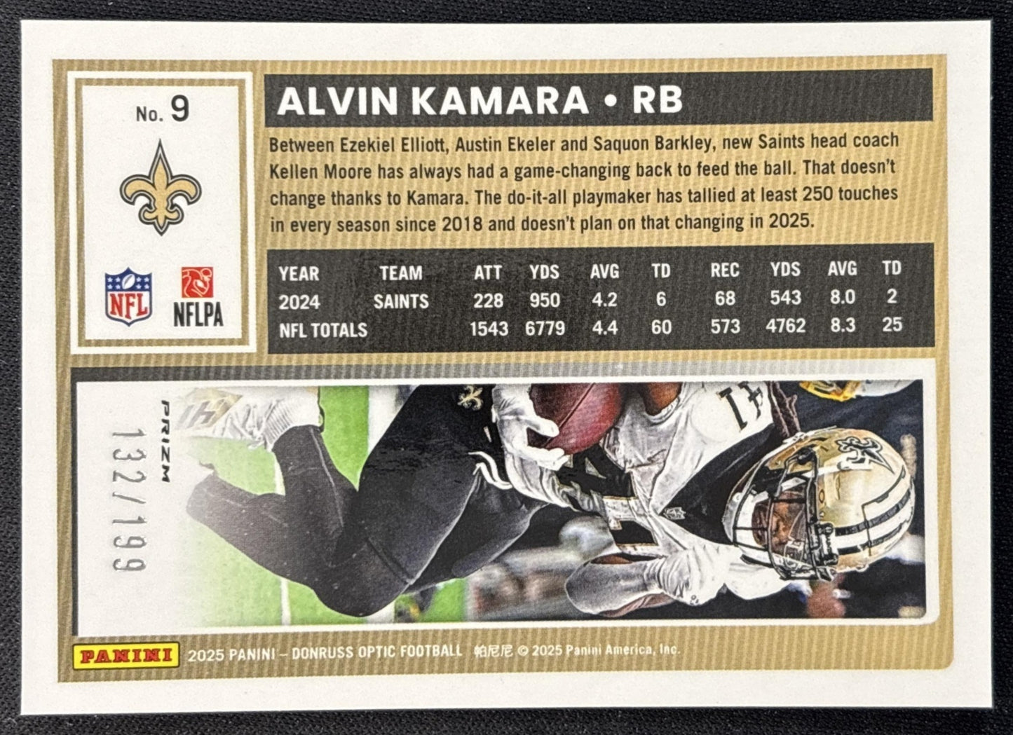 Alvin Kamara 2025 Panini Donruss Optic Flex Prizm /199 Saints Back