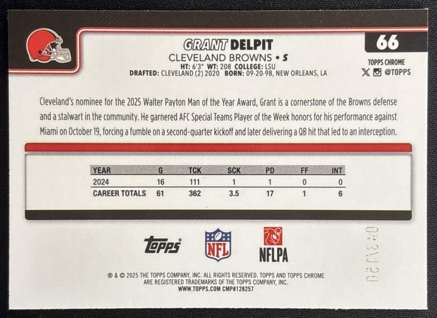 Grant Delpit 2025 Topps Chrome Blue Wave Refractor /150 Browns Sports Trading Card