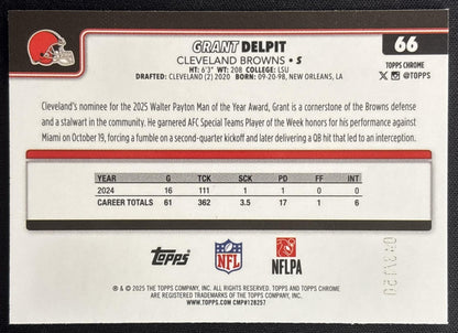 Grant Delpit 2025 Topps Chrome Blue Wave Refractor /150 Browns Sports Trading Card