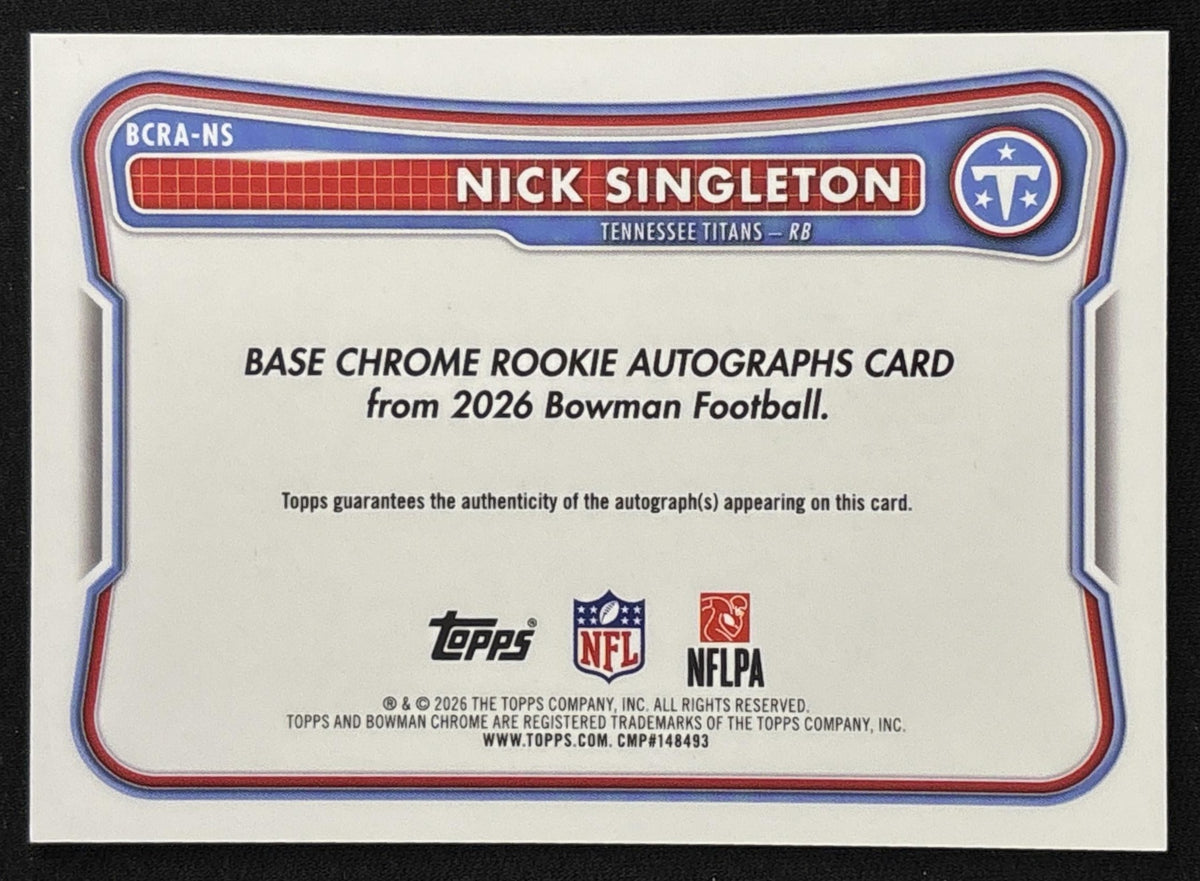 Nick Singleton 2026 Bowman Chrome Rookie Auto Mojo Refractor Titans back