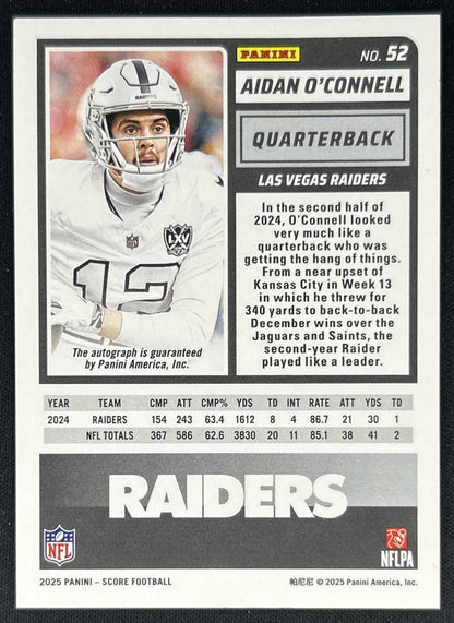 Aidan O'Connell 2025 Panini Score Signatures Green Raiders Back