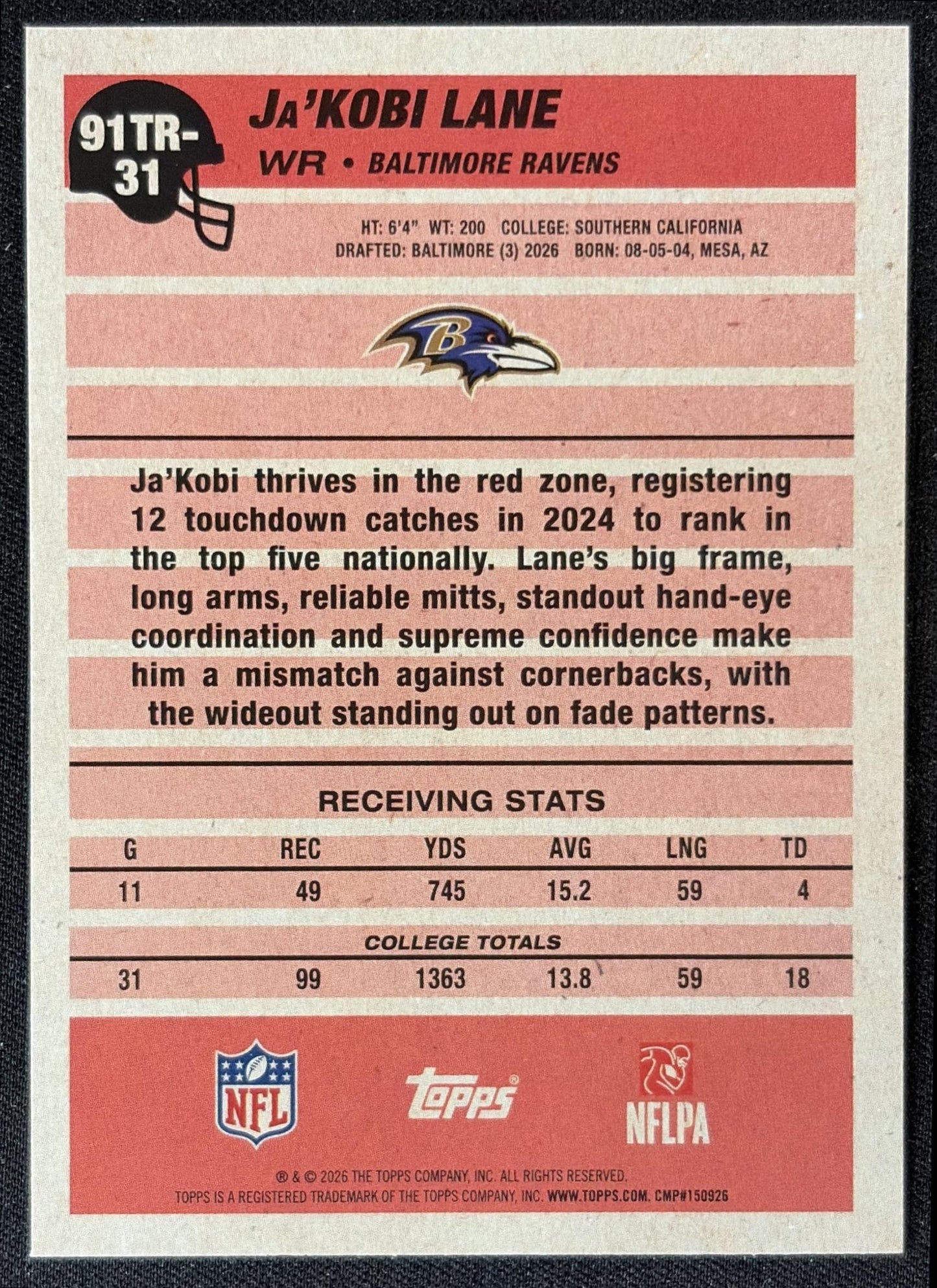Ja'Kobi Lane 2026 Topps 1991 Rookie Ravens back