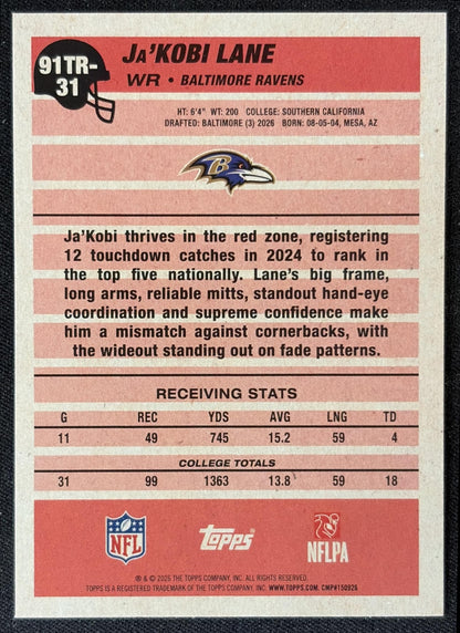 Ja'Kobi Lane 2026 Topps 1991 Rookie Ravens back