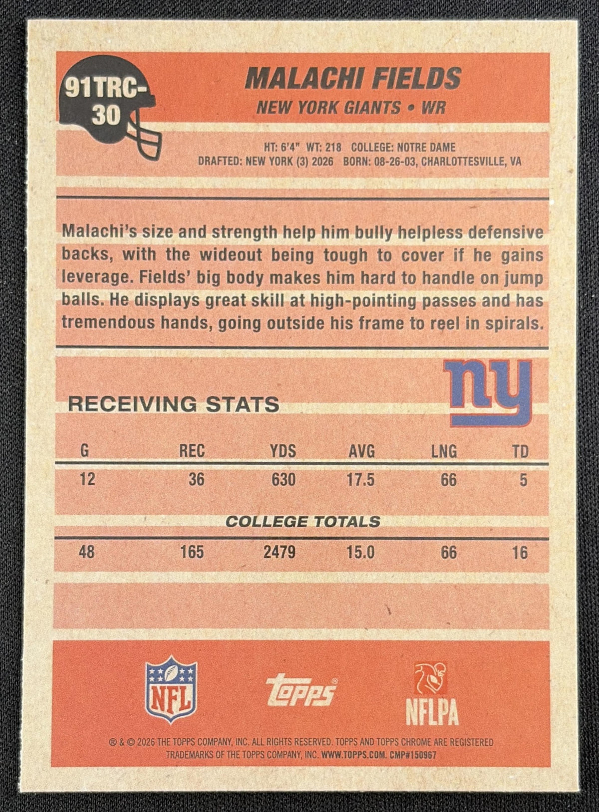 Malachi Fields 2026 Topps 1991 Chrome Rookie Mojo Refractor Giants Sports Trading Card