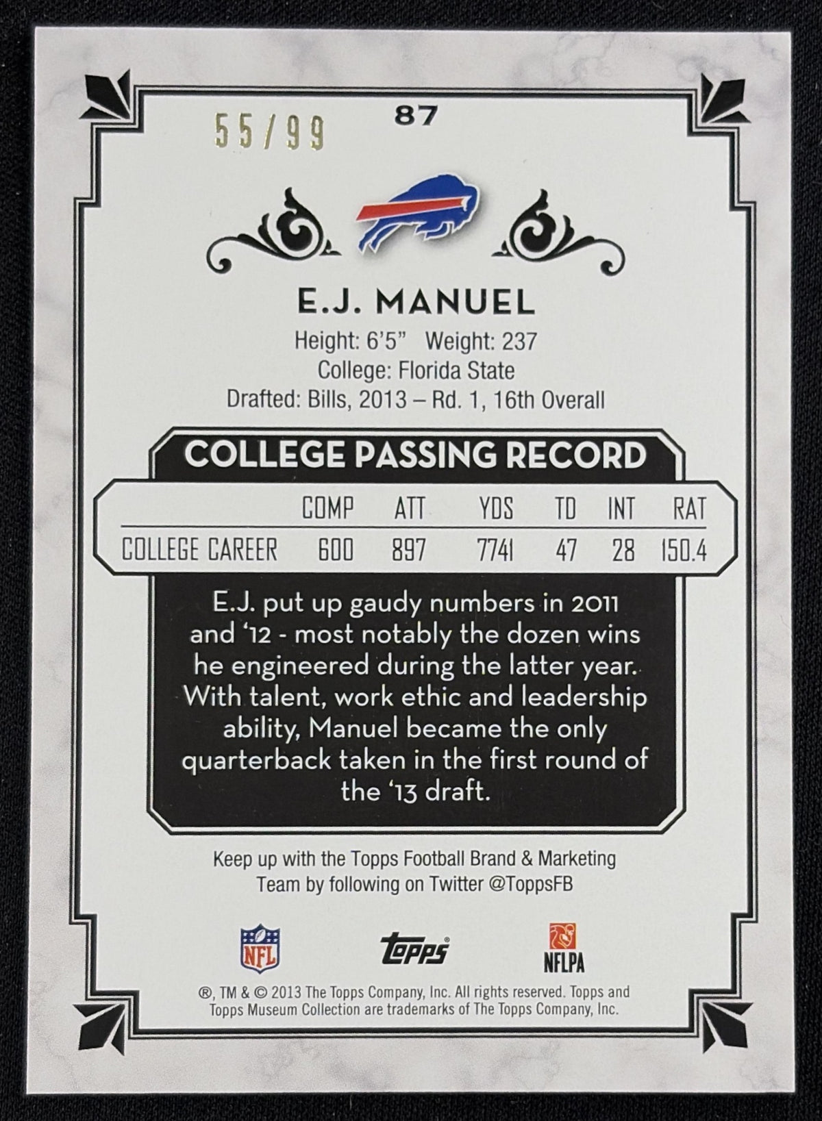 EJ Manuel 2013 Topps Museum Collection Sapphire /99 Bills - Back