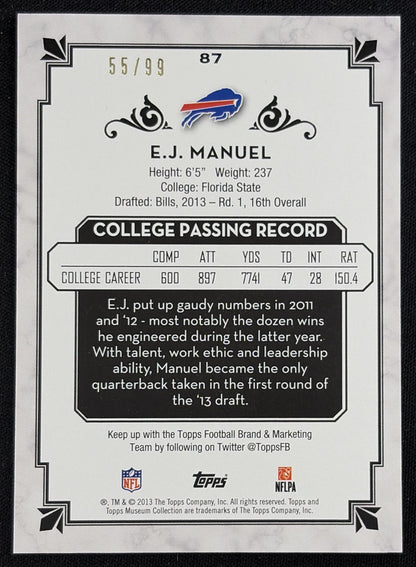 EJ Manuel 2013 Topps Museum Collection Sapphire /99 Bills - Back