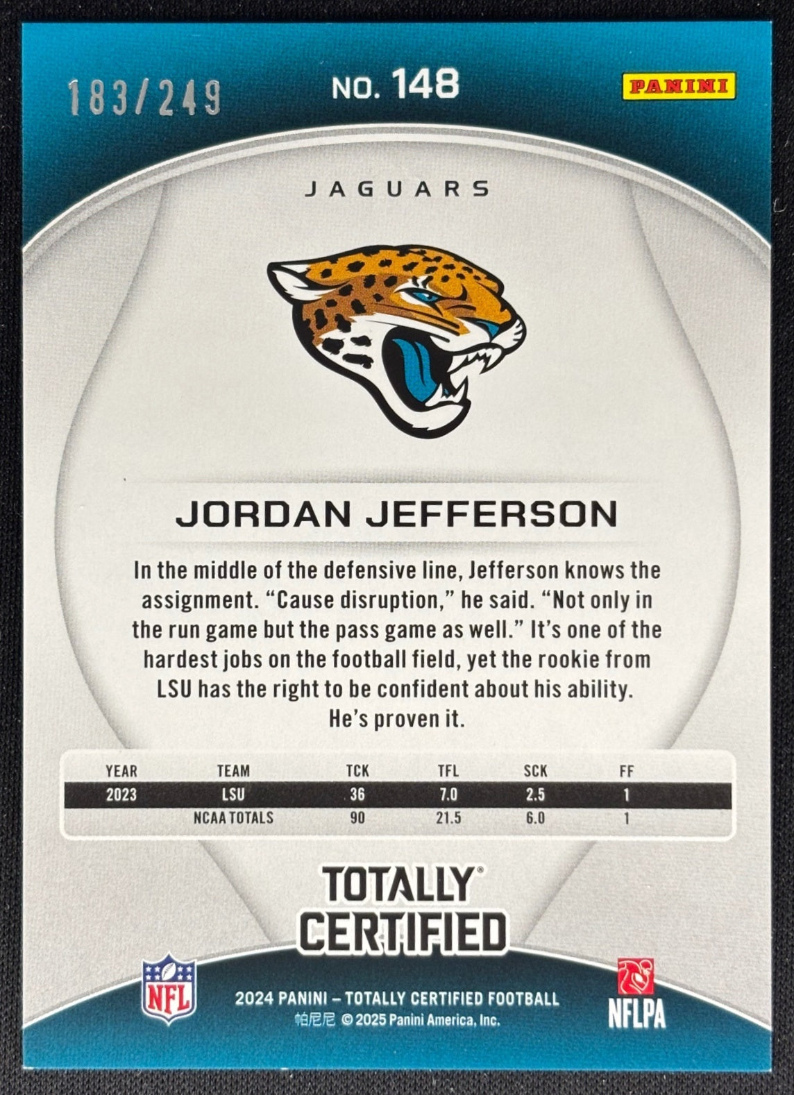 Jordan Jefferson 2024 Totally Certified Rookies Mirror Red /249 Jaguars Sports Trading Cards