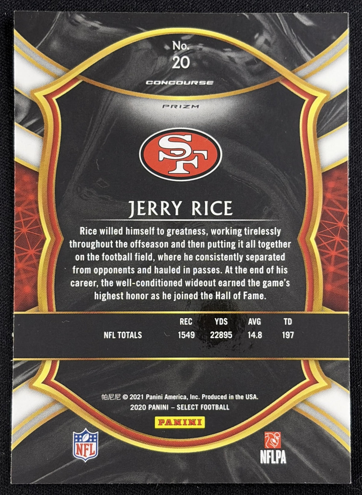 Jerry Rice 2020 Panini Select Silver Prizm 49ers - Back