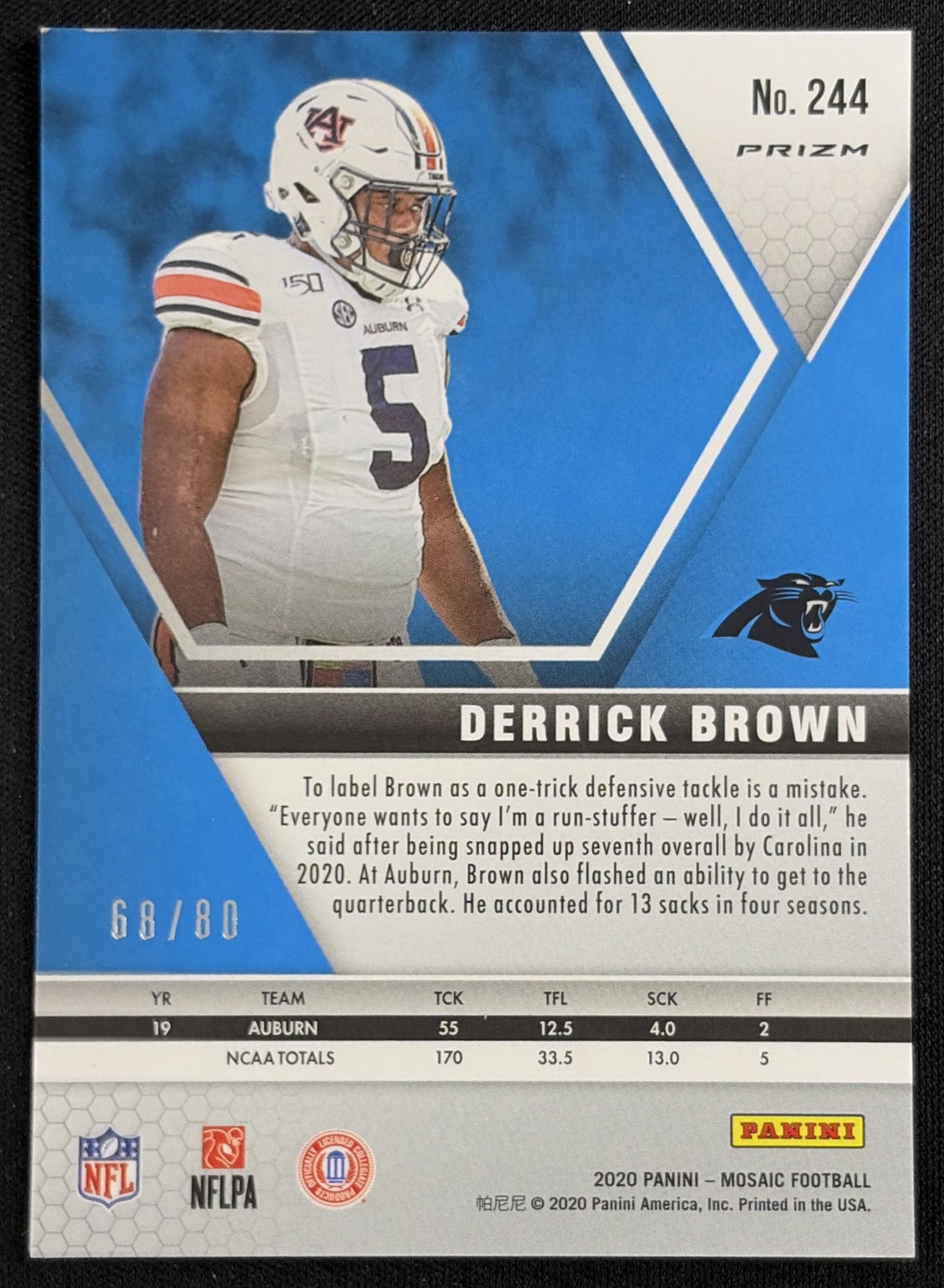 Derrick Brown 2020 Panini Mosaic Choice Prizm Fusion Red /80 Panthers