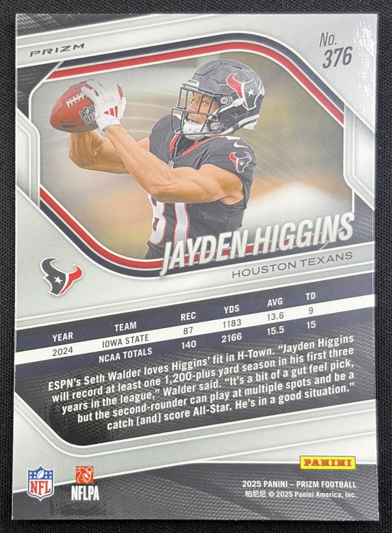 Jayden Higgins 2025 Panini Prizm No Huddle Texans Houston Texans