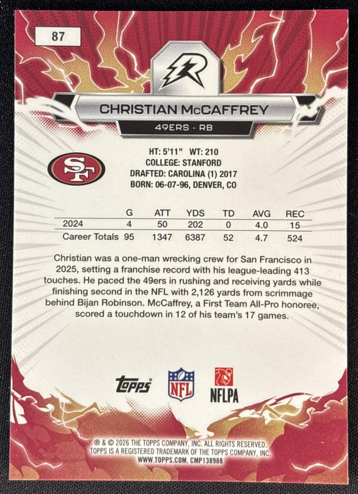 Christian McCaffrey 2025 Topps Resurgence Prism Refractor 49ers San Francisco 49ers Sports Trading Cards