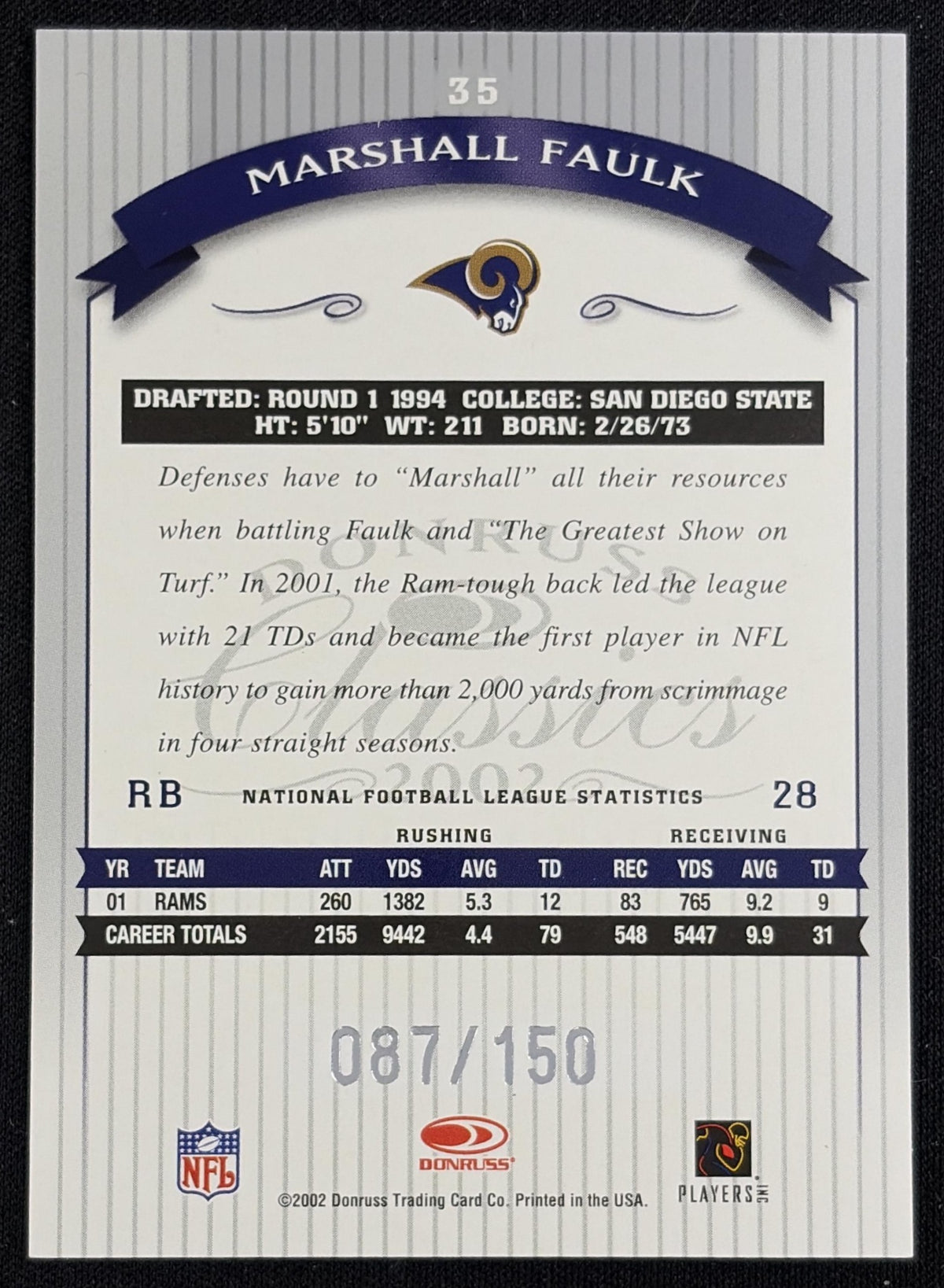 Marshall Faulk 2002 Donruss Classics Timeless Tributes /150 Rams sports trading card back