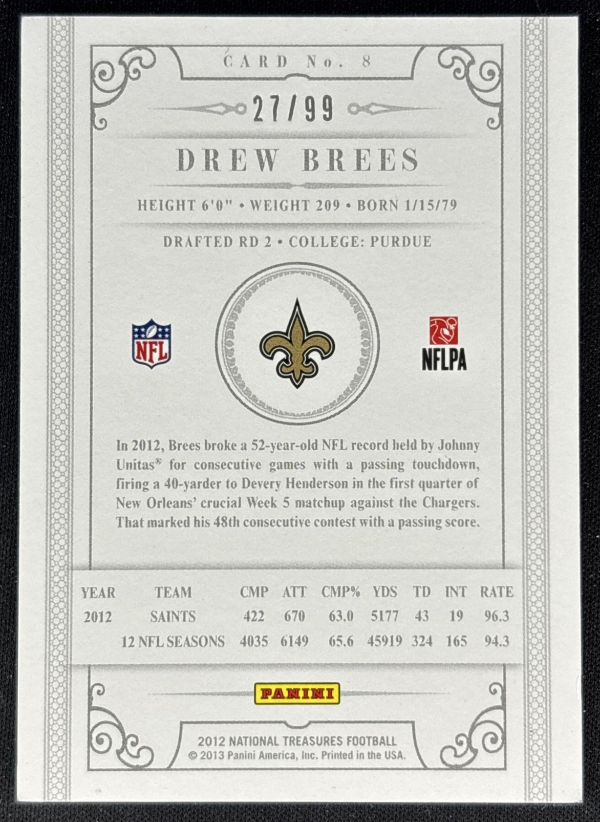 Drew Brees 2012 Panini National Treasures /99 Saints Football