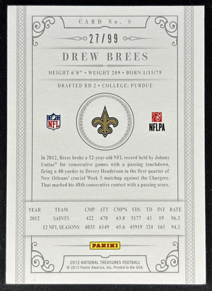 Drew Brees 2012 Panini National Treasures /99 Saints Football