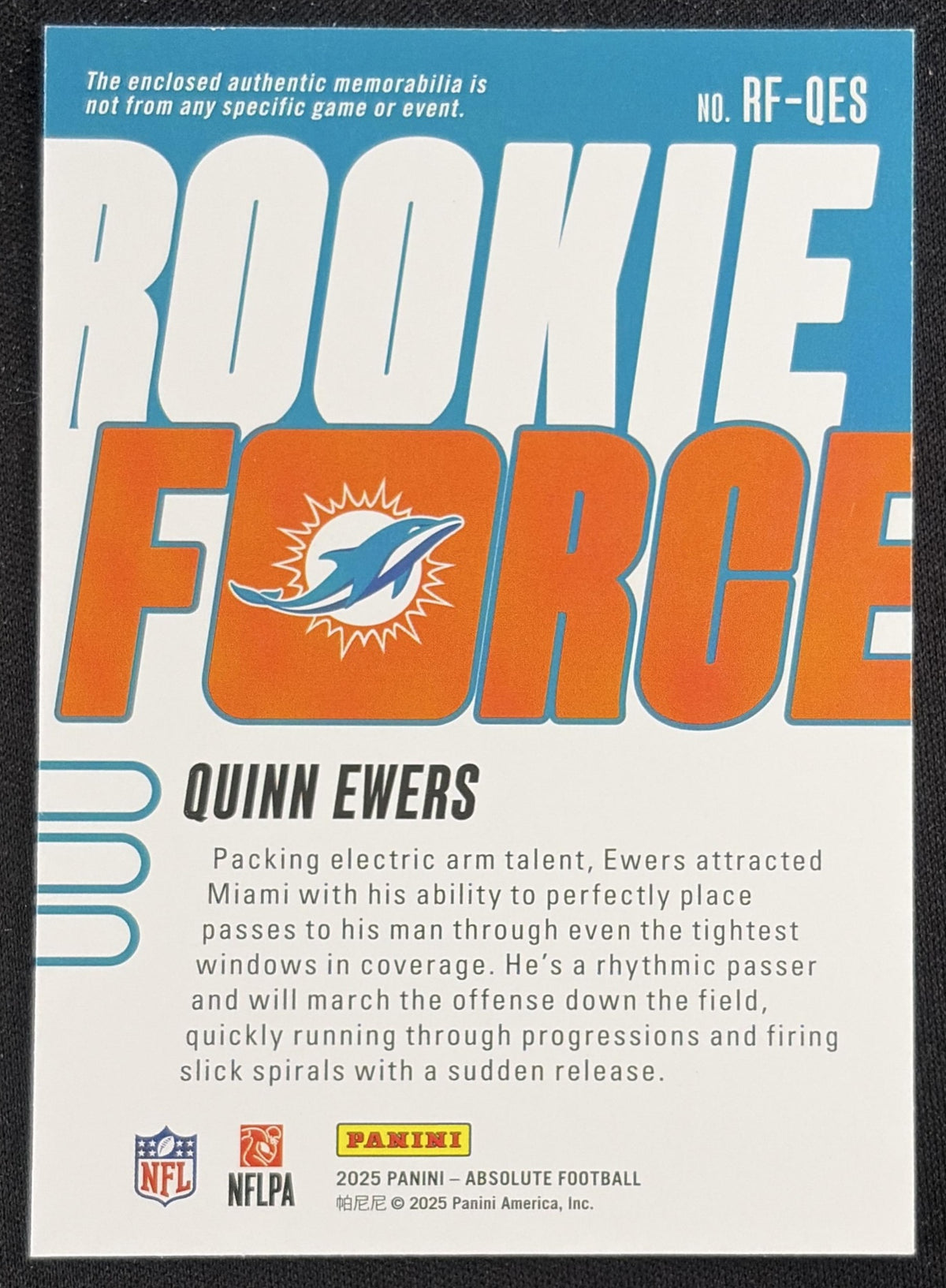 Quinn Ewers 2025 Panini Absolute Rookie Force Dolphins Sports Trading Card
