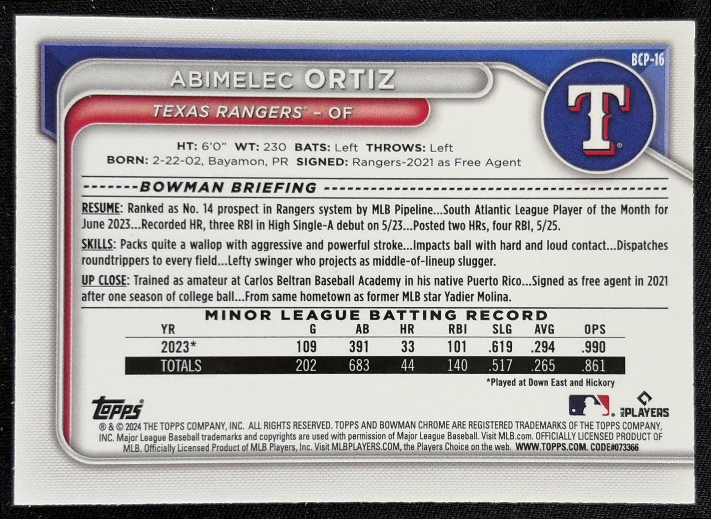 Abimelec Ortiz 2024 Bowman Mega Box Chrome Prospects Mojo Pink Refractor /199 Rangers