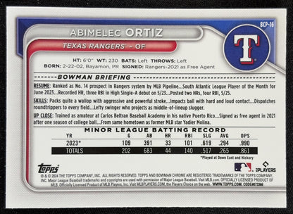 Abimelec Ortiz 2024 Bowman Mega Box Chrome Prospects Mojo Pink Refractor /199 Rangers