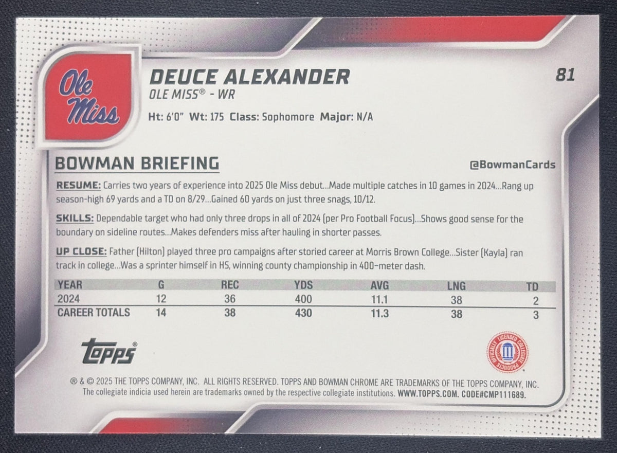 Deuce Alexander 2025 Bowman Chrome University Prospects Blue Refractor /150 Rebels