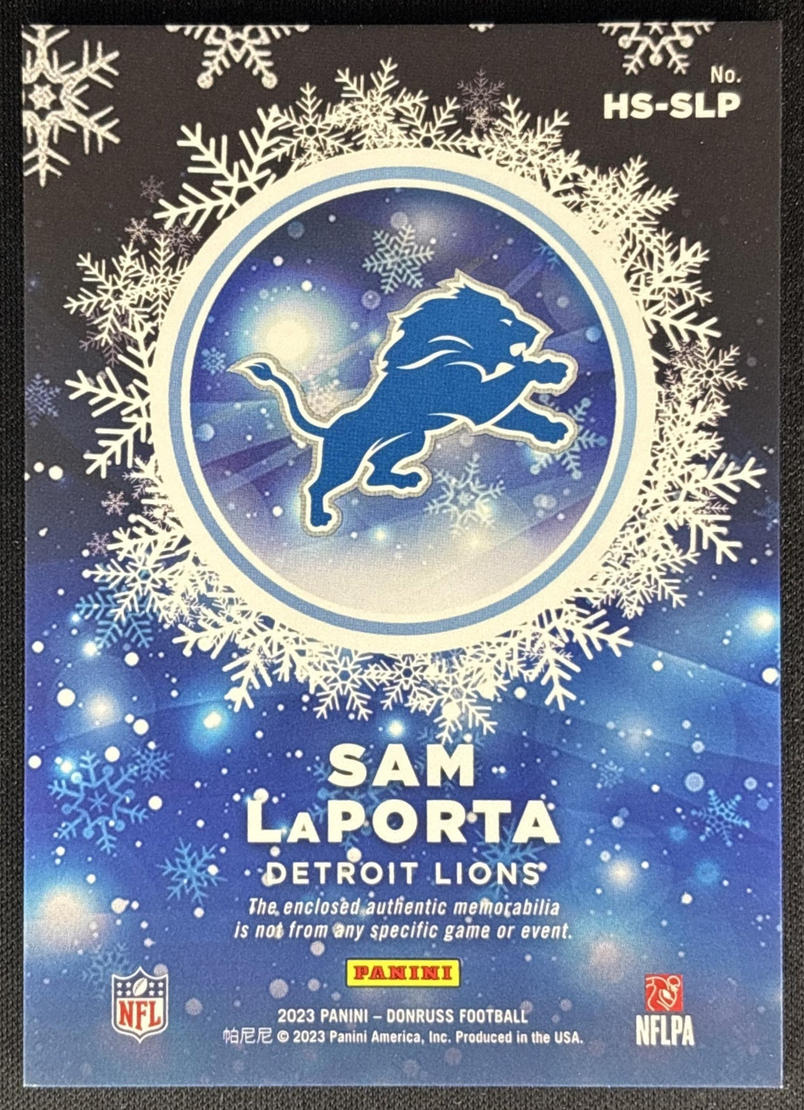 Sam LaPorta 2023 Panini Donruss Rookie Holiday Sweater Relics Lions back