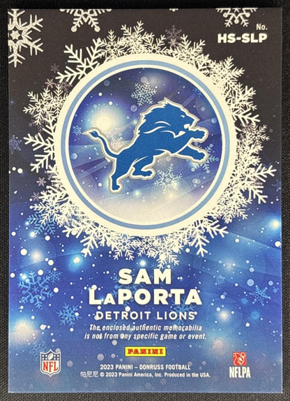 Sam LaPorta 2023 Panini Donruss Rookie Holiday Sweater Relics Lions back