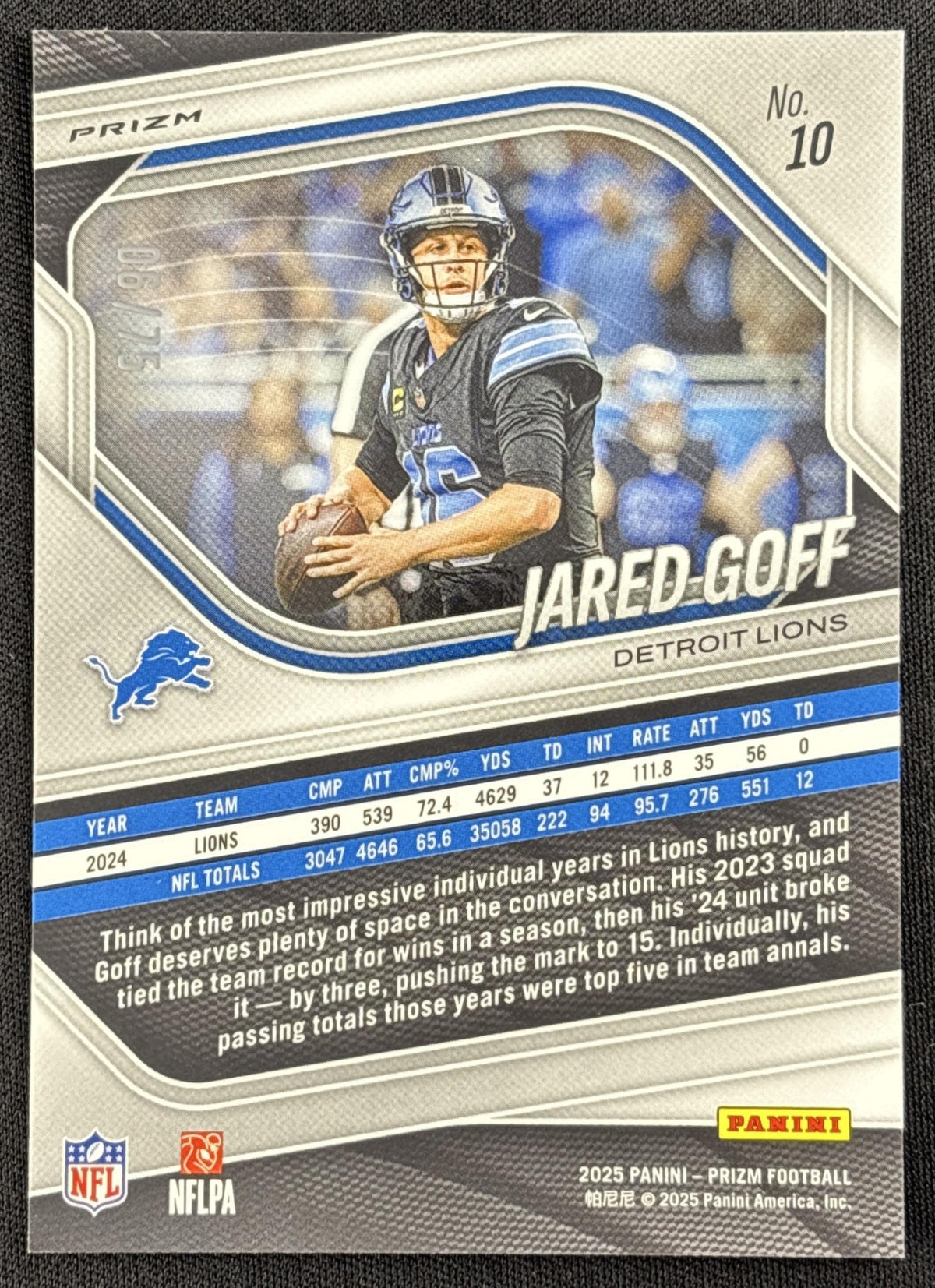 Jared Goff 2025 Panini Prizm No Huddle Purple /75 Lions
