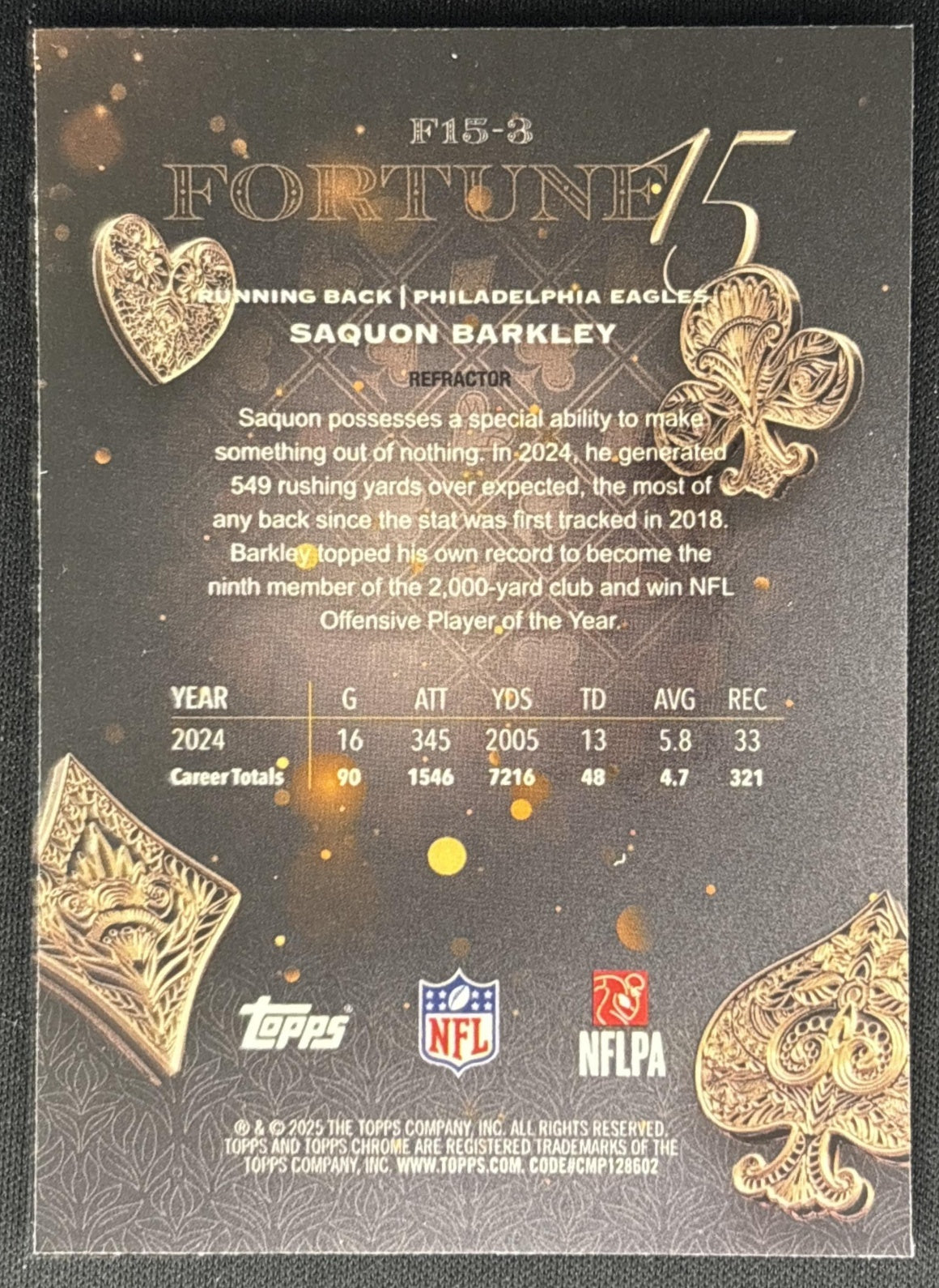 Saquon Barkley 2025 Topps Chrome Fortune 15 Refractor Eagles back