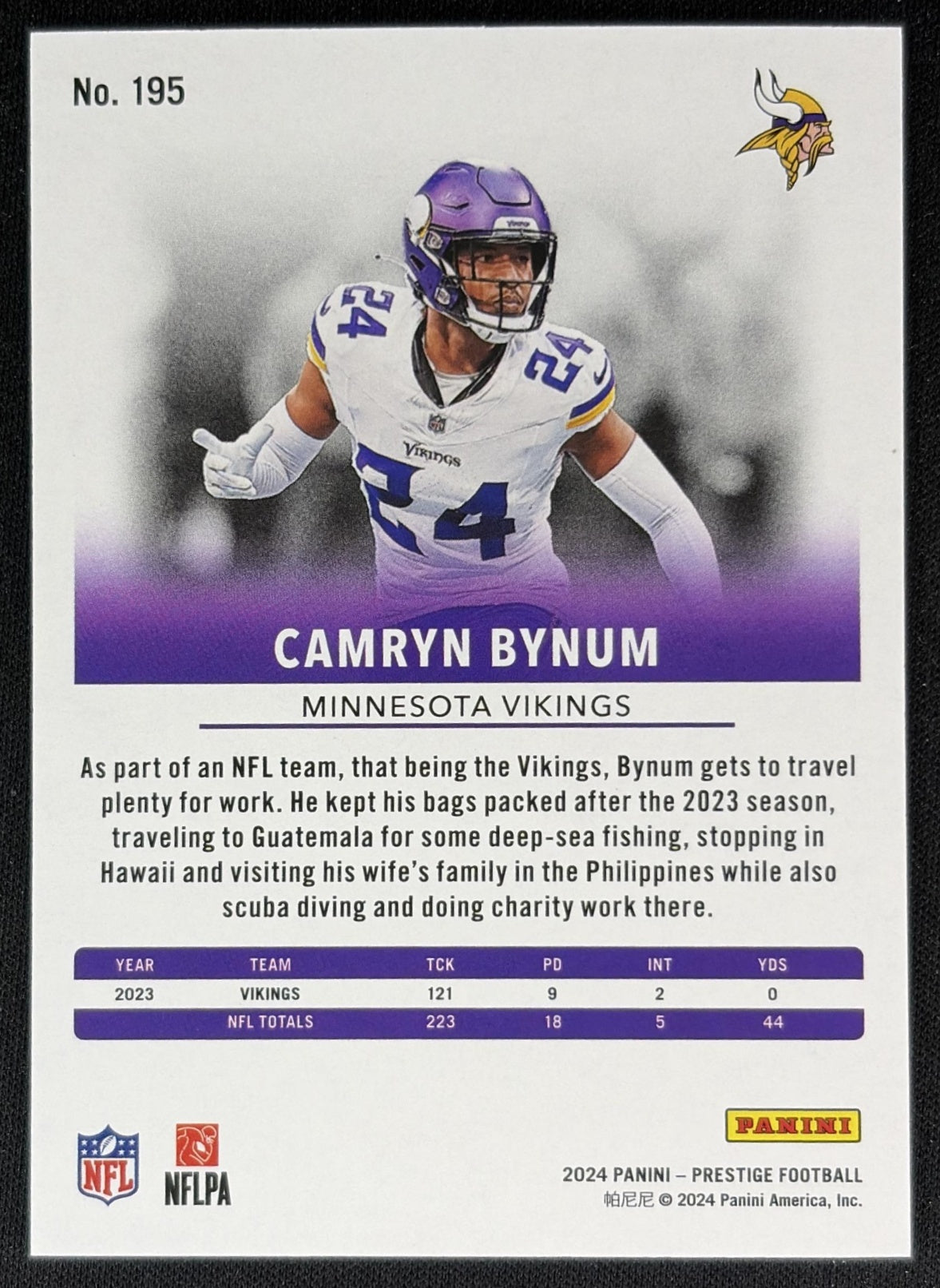Camryn Bynum 2024 Panini Prestige Blue Premium Xtra Points /299 Vikings back