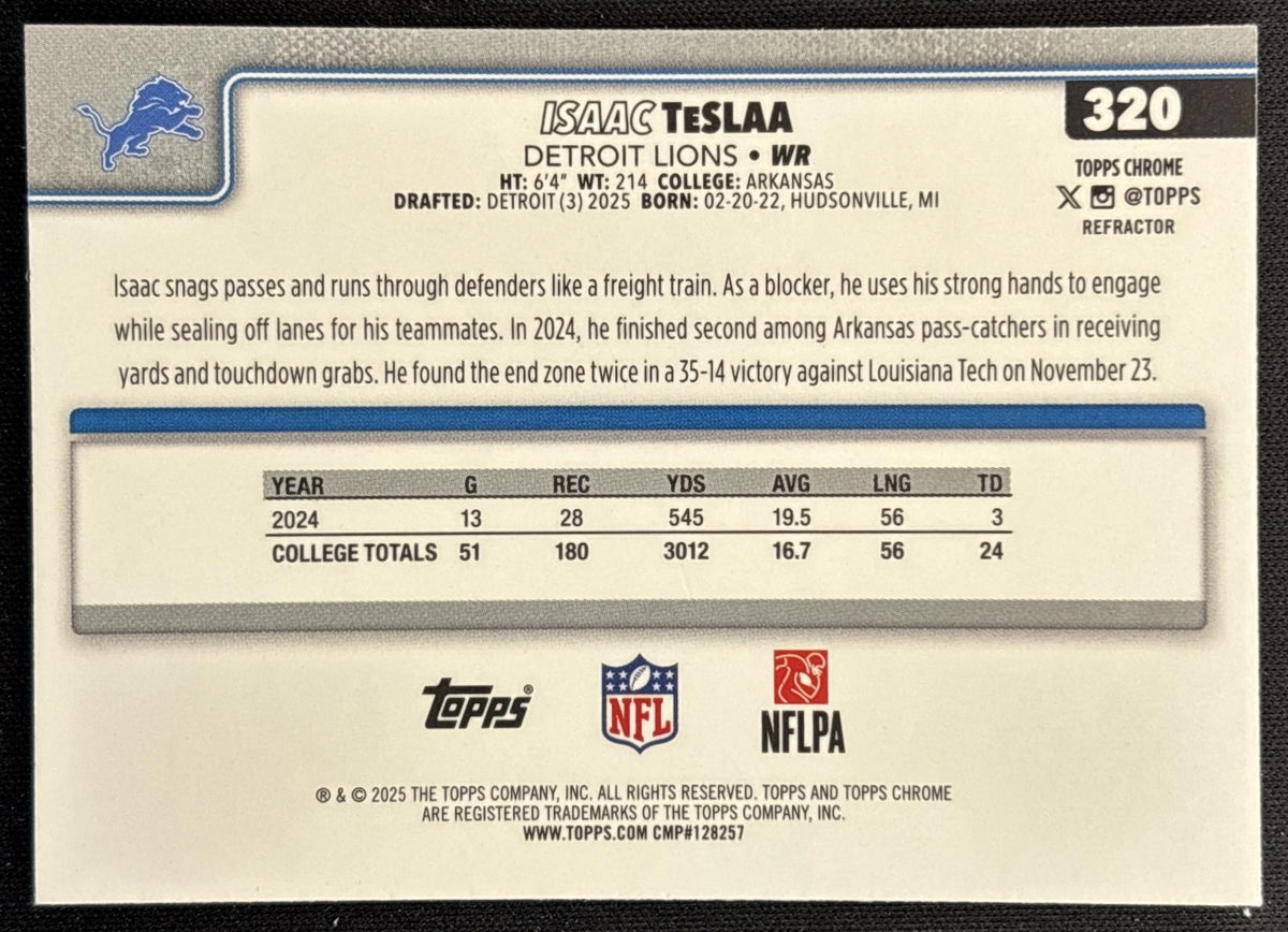 Isaac TeSlaa 2025 Topps Chrome Rookie Refractor Lions Sports Trading Cards