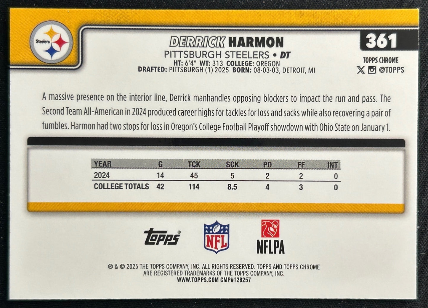 Derrick Harmon 2025 Topps Chrome Rookie Steelers Sports Trading Cards