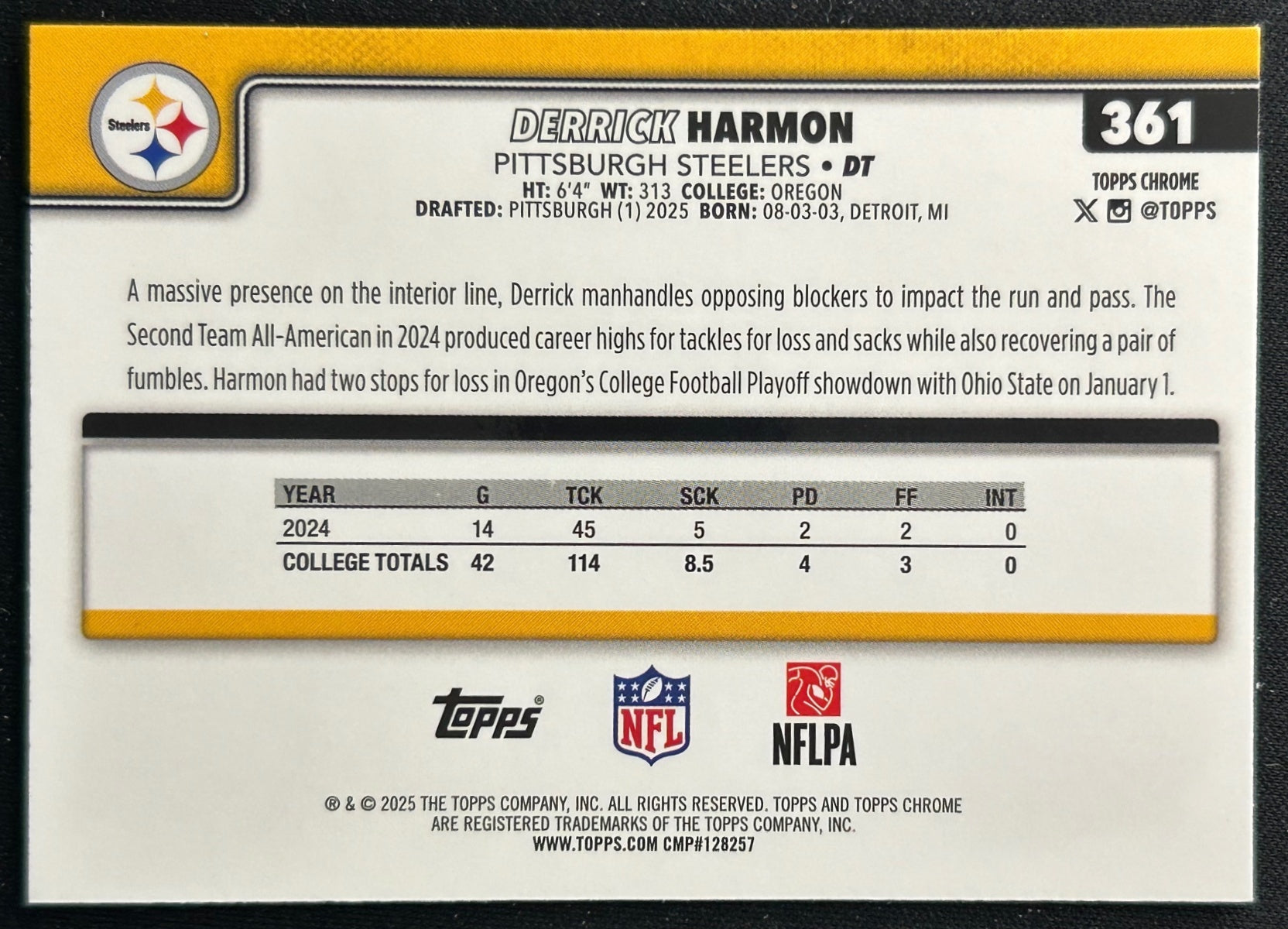 Derrick Harmon 2025 Topps Chrome Rookie Steelers Sports Trading Cards