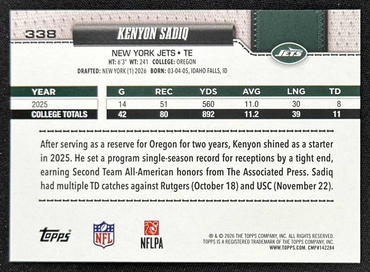 Kenyon Sadiq 2026 Topps Flagship Fanatics Foil Jets