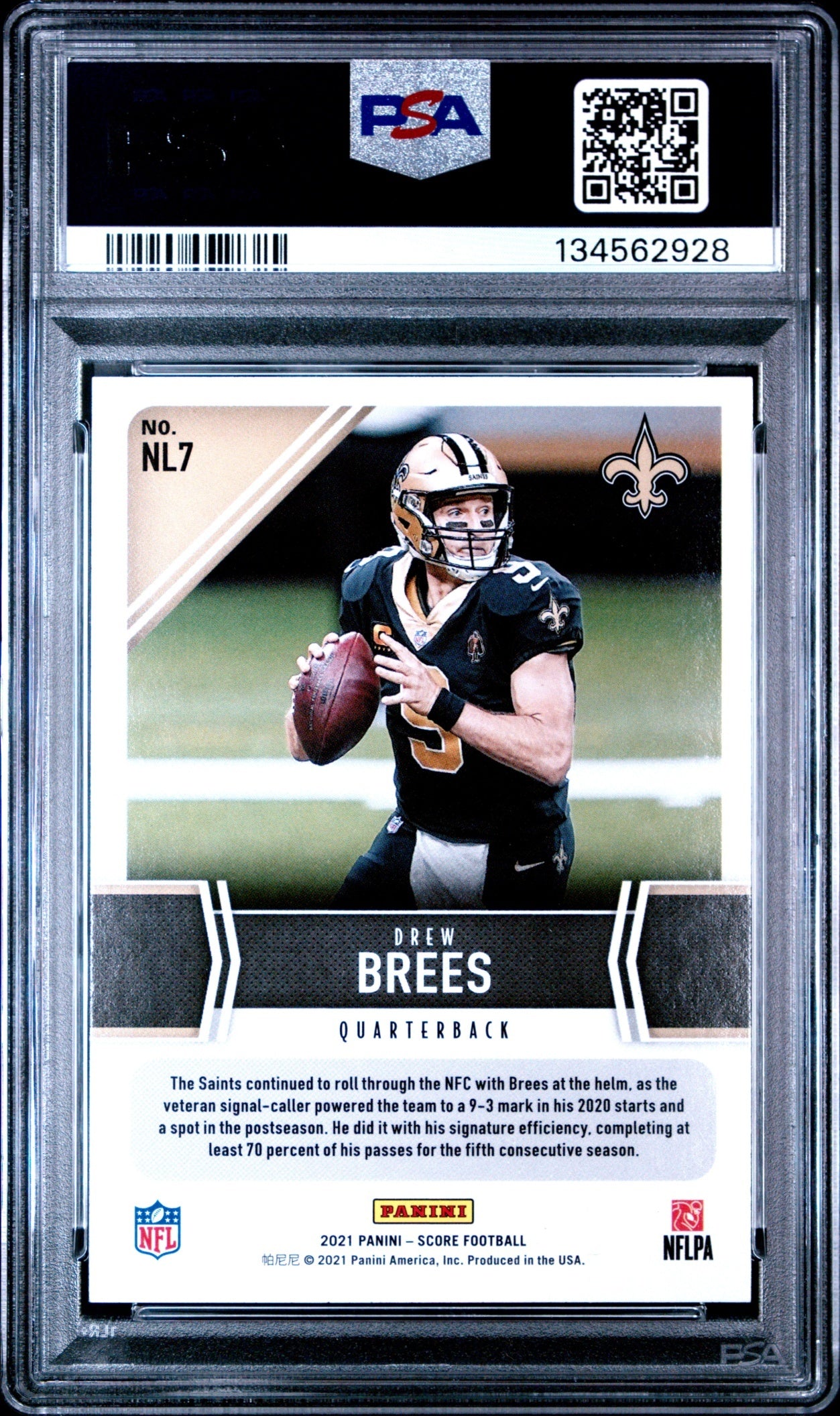 Drew Brees 2021 Panini Score Next Level Stats PSA 10 Saints back