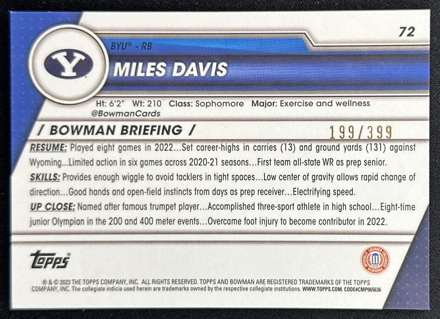 Miles Davis 2023 Bowman University Chrome Purple Mini Diamond Refractor /399 back