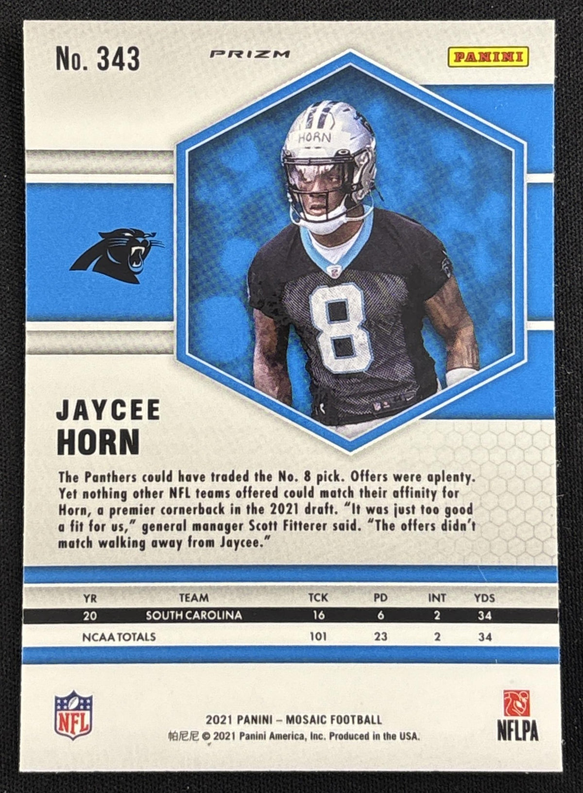 Jaycee Horn 2021 Panini Mosaic White Sparkle Prizm SSP Panthers sports trading card back