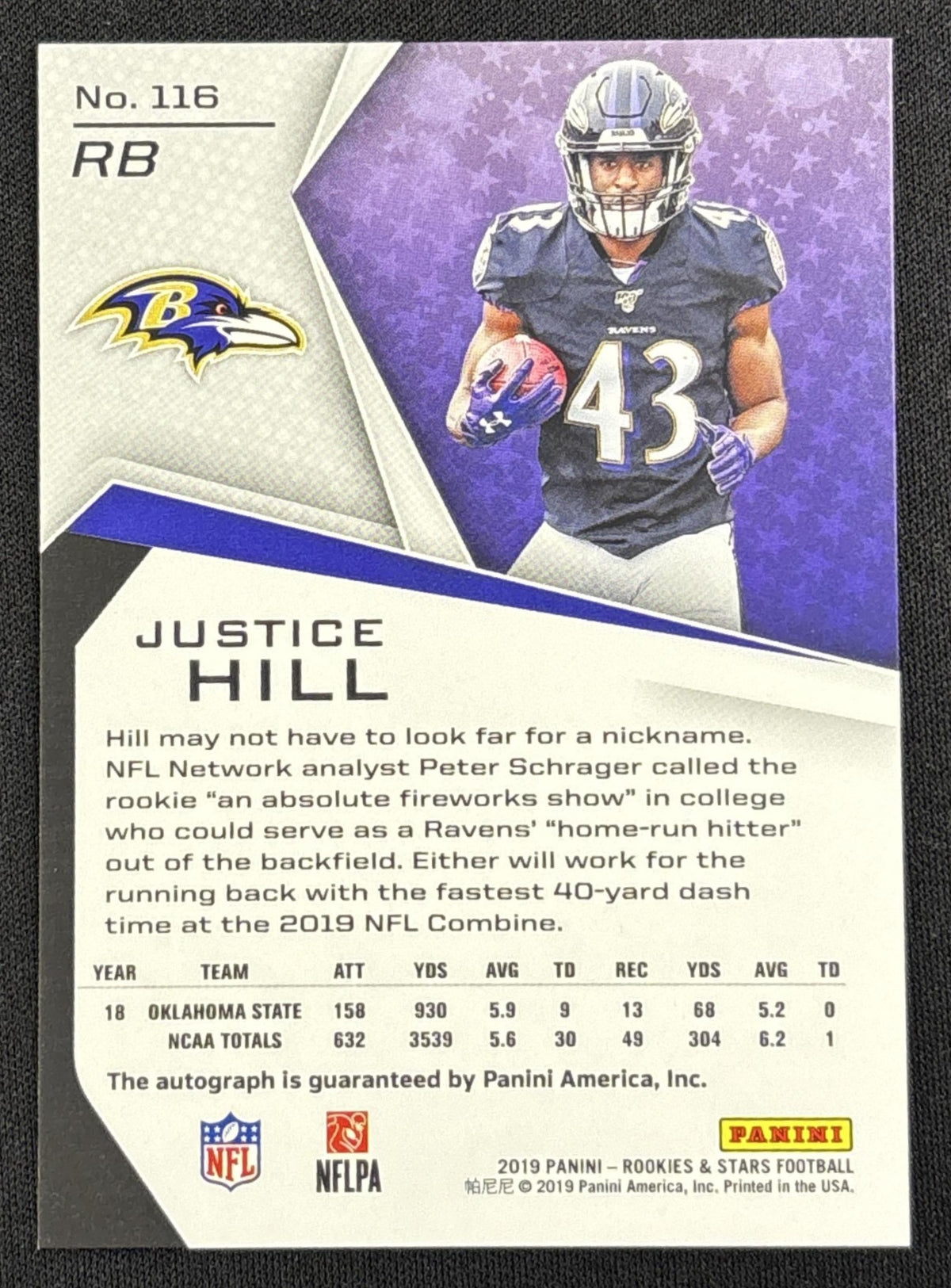 Justice Hill 2019 Panini Rookies & Stars Longevity Signatures Purple /25 Ravens Sports Trading Card