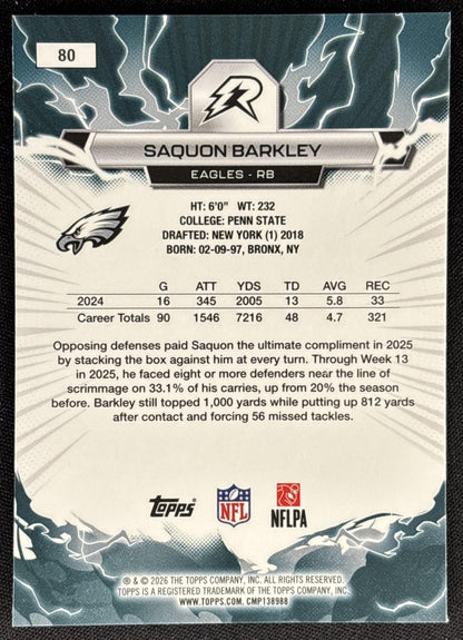 Saquon Barkley 2025 Topps Resurgence Blue and Orange Spark Refractor Eagles