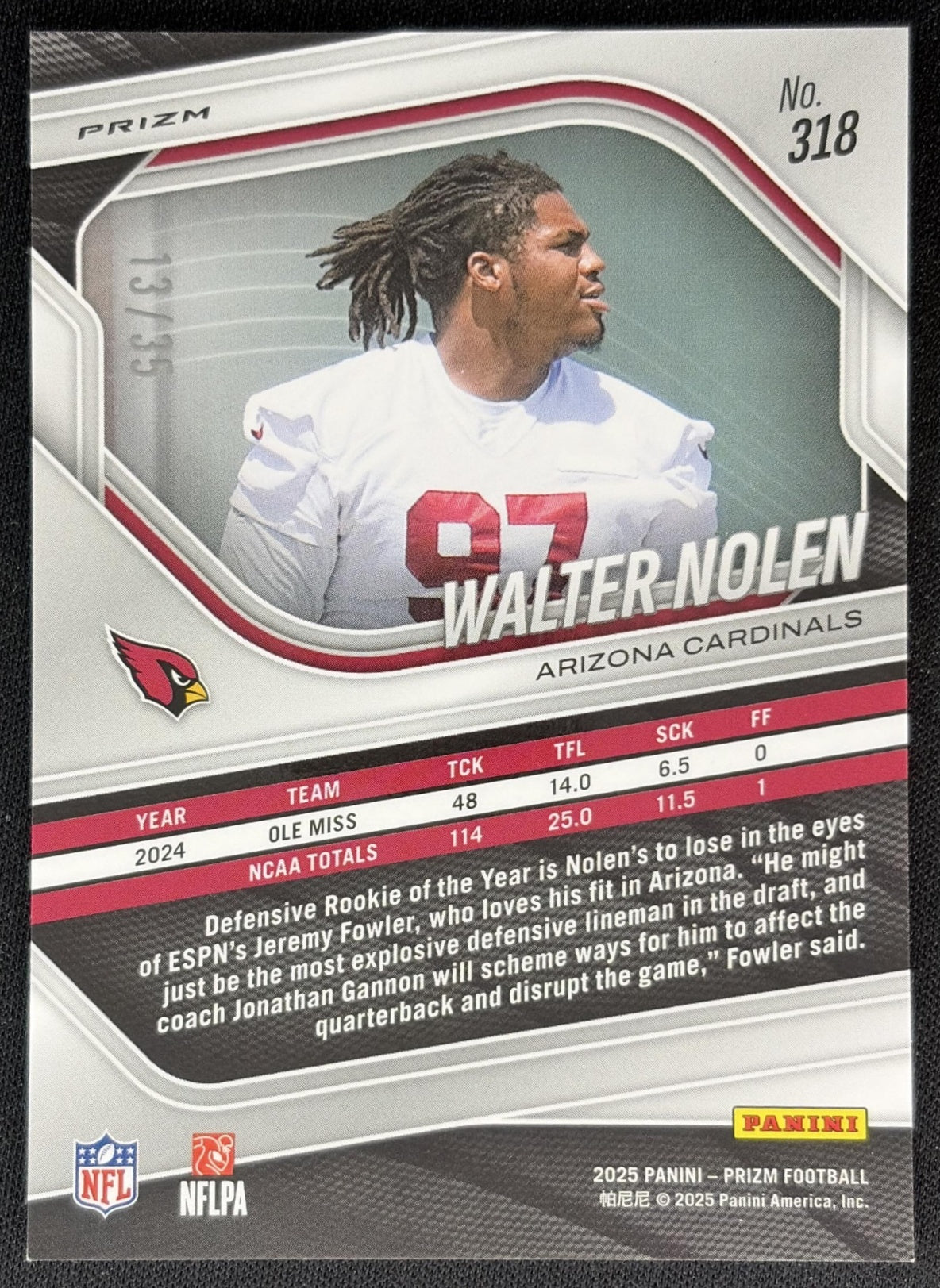 Walter Nolen 2025 Panini Prizm White /35 Cardinals Sports Trading Cards
