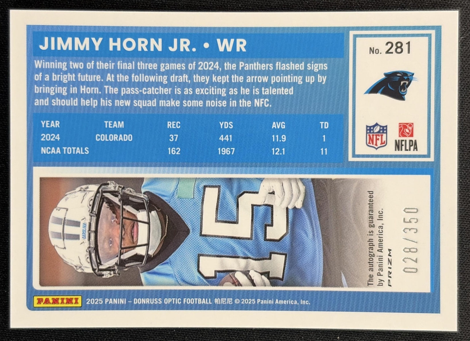 Jimmy Horn Jr. 2025 Panini Donruss Optic Rated Rookie Auto /350 Panthers Sports Trading Cards