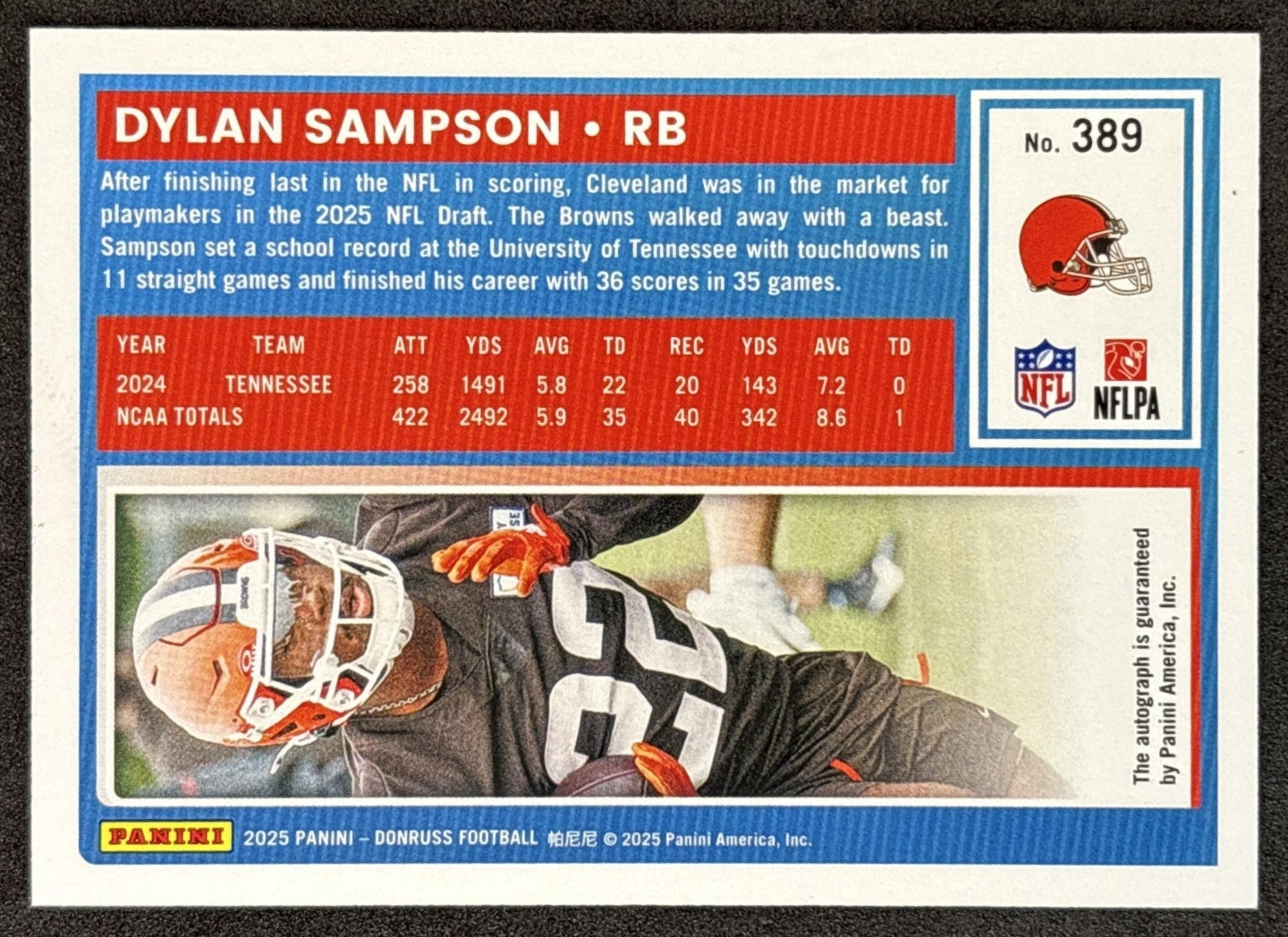 Dylan Sampson 2025 Panini Donruss Rated Rookie Auto Orange Browns