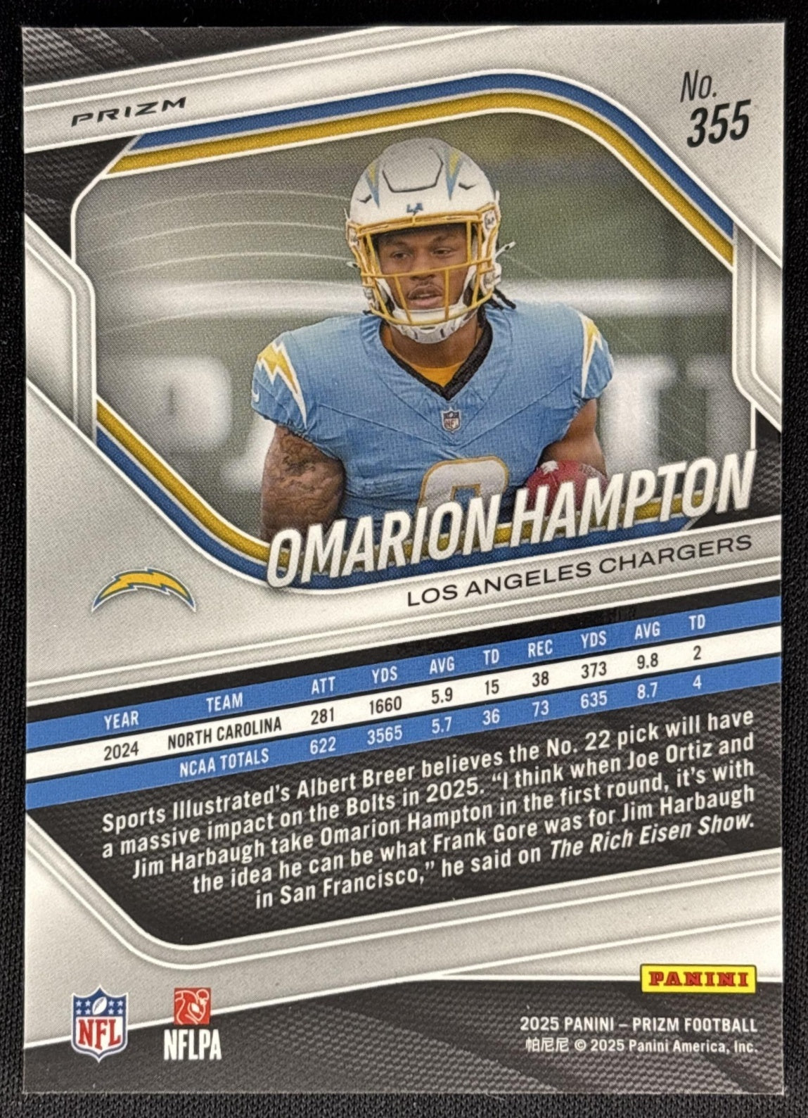 Omarion Hampton 2025 Panini Prizm Red White & Blue Chargers Sports Trading Cards