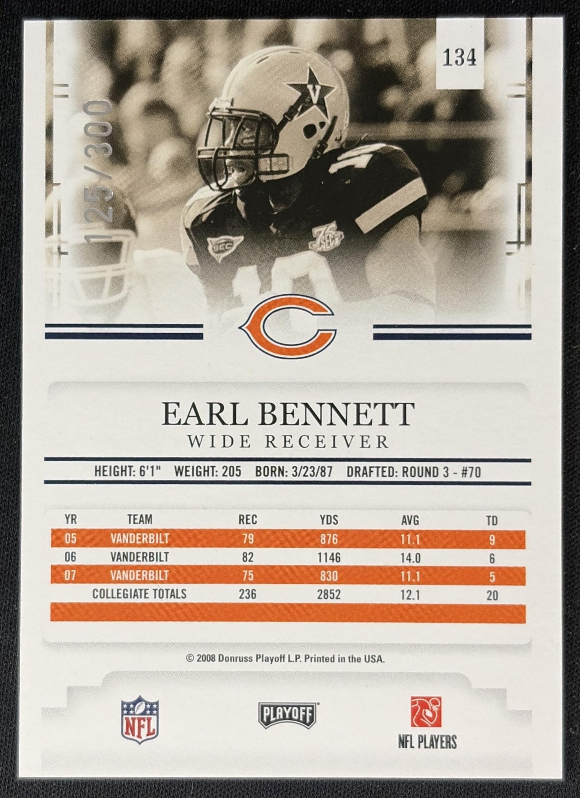Earl Bennett 2008 Playoff Prestige Xtra Points /300 Bears back