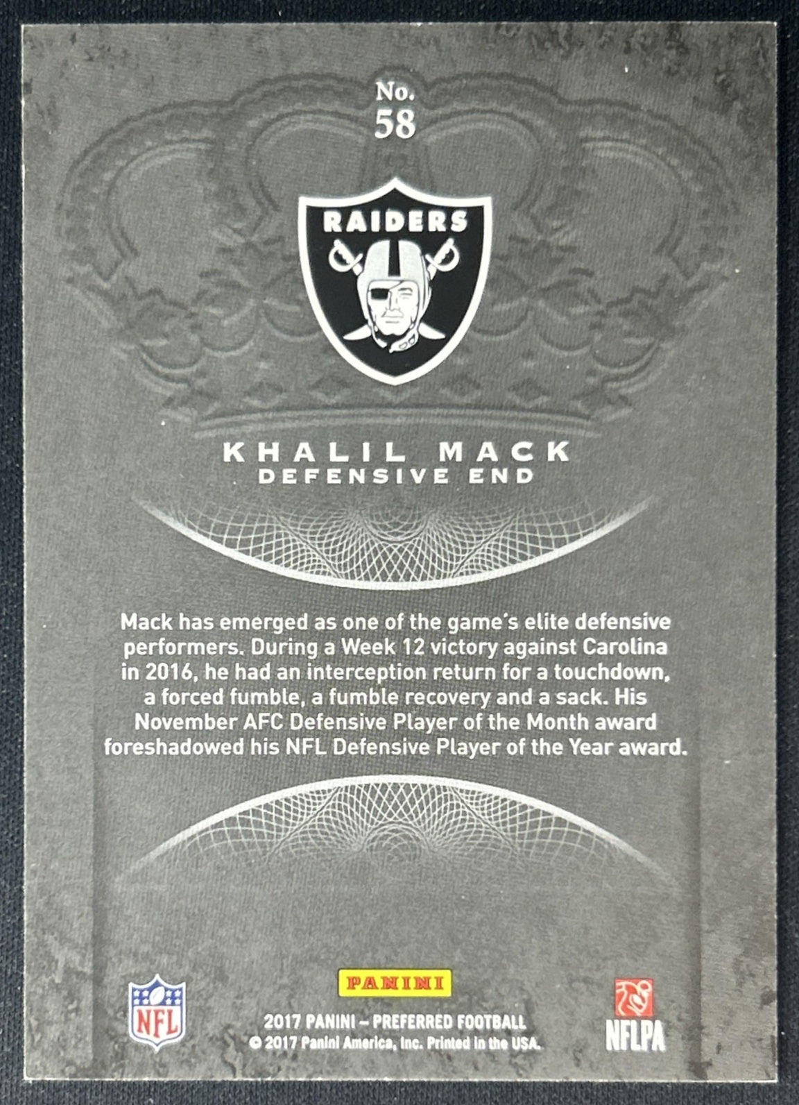 Khalil Mack 2017 Panini Crown Royale Bronze /299 Raiders back