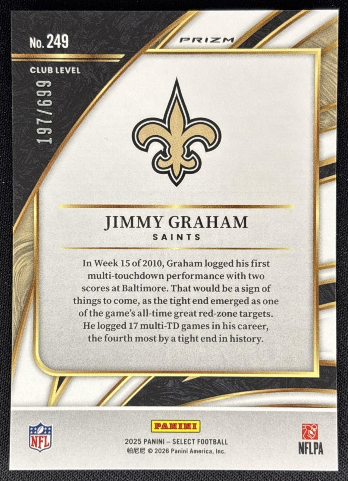 Jimmy Graham 2025 Panini Select Club Level Neon Green Prizm Shock /699 Saints Sports Trading Card