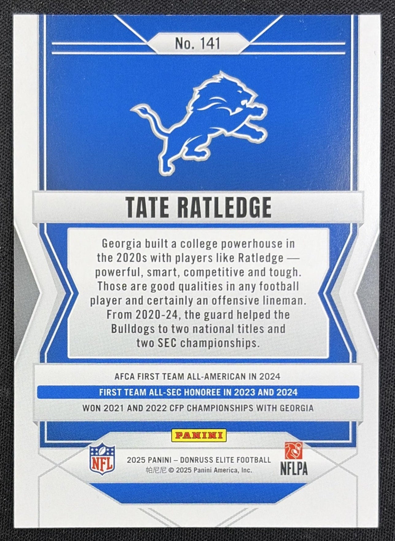 Tate Ratledge 2025 Panini Donruss Elite Rookies /999 Lions back