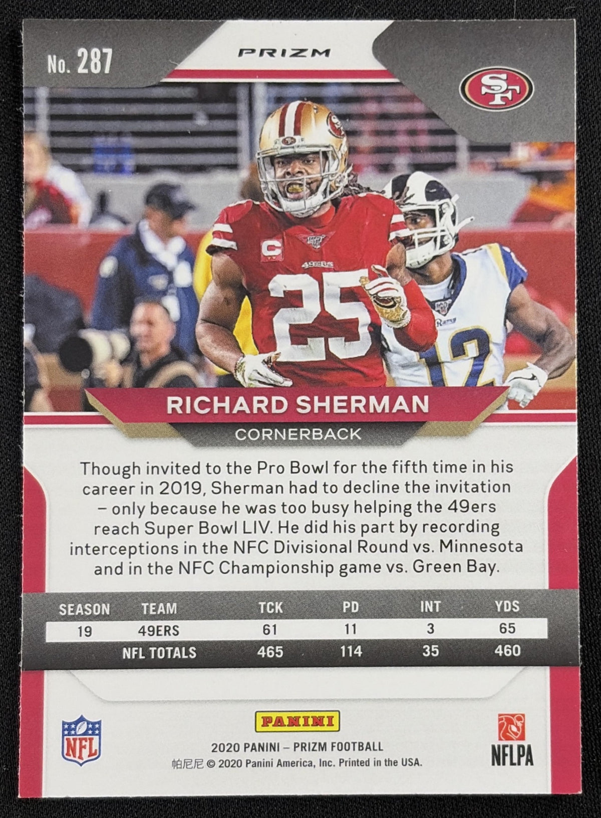 Richard Sherman 2020 Panini Prizm Red Ice 49ers Sports Trading Card