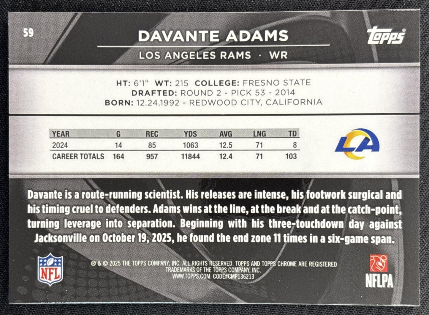 Davante Adams 2025 Topps Chrome Black Rams back